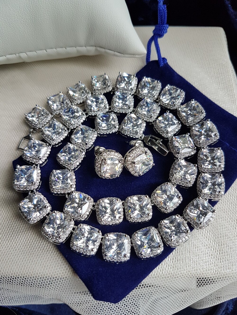Swarovski Elements Platinum Plated Cushion-cut Halo Tennis Necklace NEW